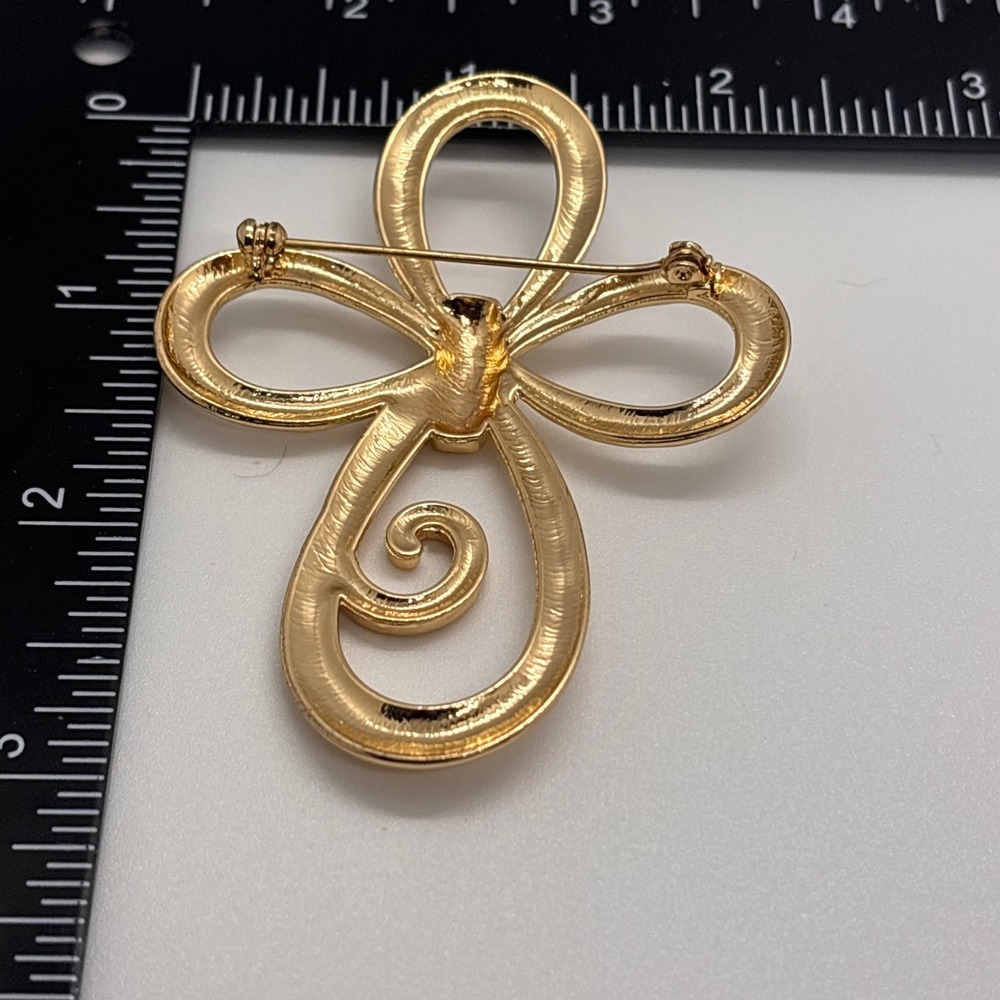 Vintage Gold Tone Cross Brooch Large Sculptural Ribbon Designer Pin - Picture 4 of 9